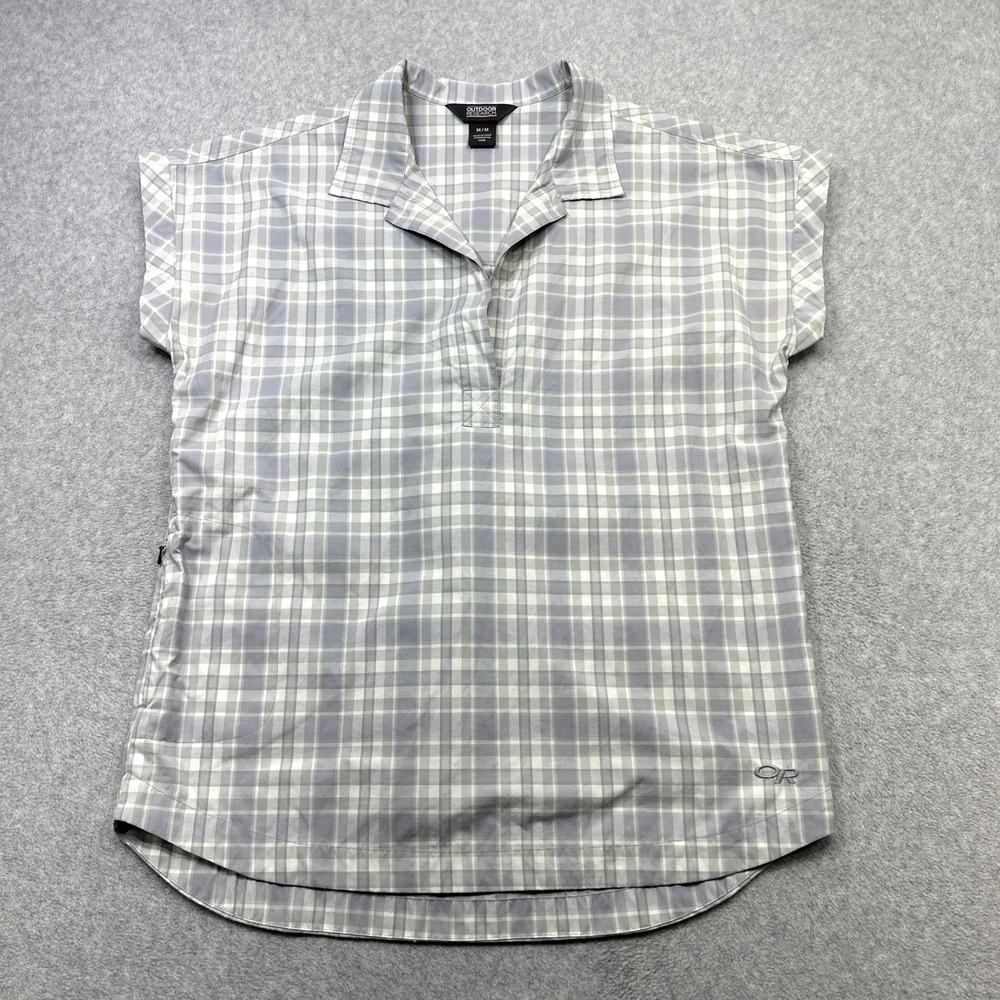 Outdoor Research Amber Ale Shirt Medium Purple Plaid Hiking Travel Gear Popover